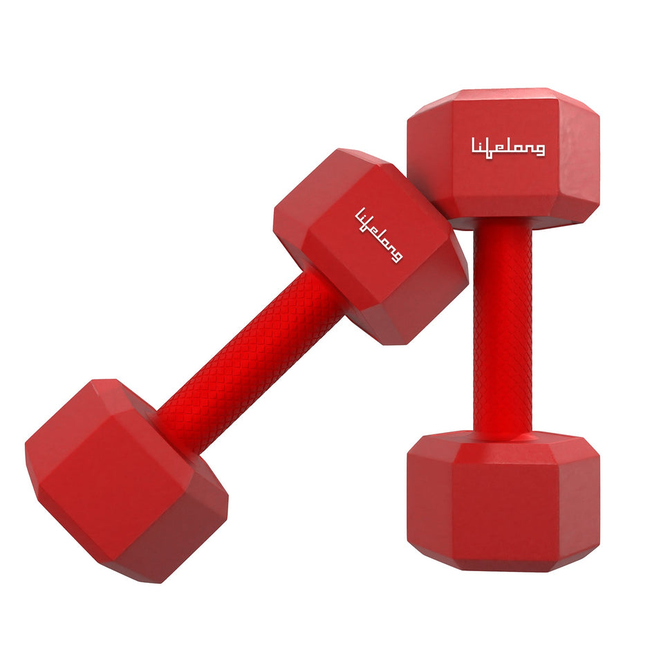 Lifelong PVC Hex Dumbbells Pack of 2 – 5kg Each (Total 10kg), Red Home Gym Weights for Men & Women