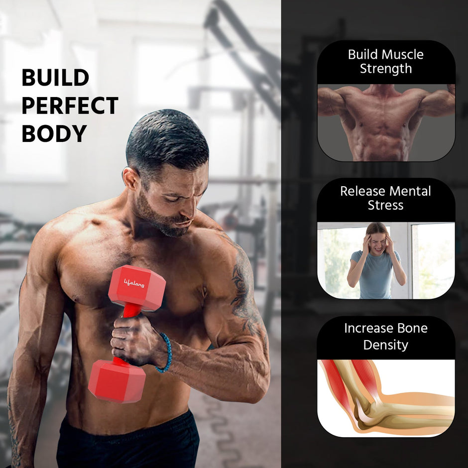 Lifelong PVC Hex Dumbbells Pack of 2 – 5kg Each (Total 10kg), Red Home Gym Weights for Men & Women