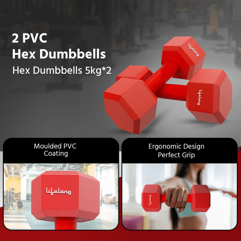 Lifelong PVC Hex Dumbbells Pack of 2 – 5kg Each (Total 10kg), Red Home Gym Weights for Men & Women