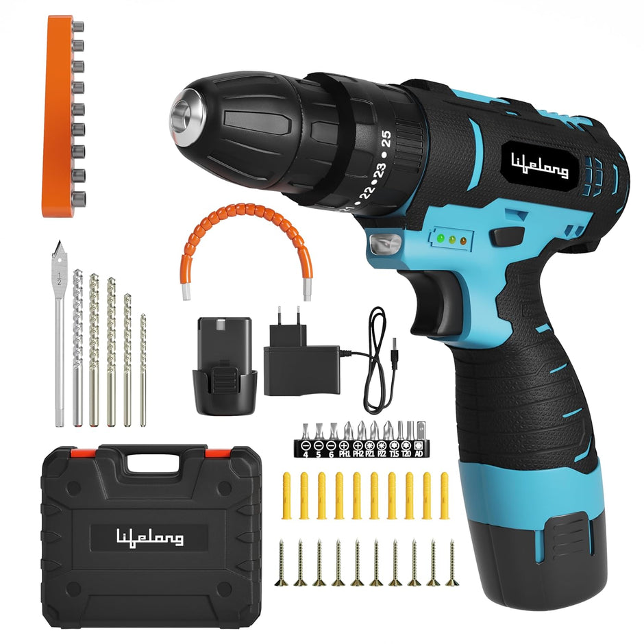 Lifelong Cordless Drill Machine for Home & DIY Use | Drill Driver | 12V Battery | 1450 RPM | | 25 accessories | Free Screw Set | Cordless Screwdriver | Drill Machine for home |Multiple torque setting
