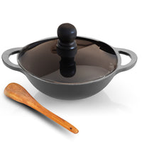 24cm Cast Iron Kadai with Glass Lid and Wooden Spatula