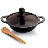 20cm Cast Iron Kadhai with Glass Lid and Wooden Spatula