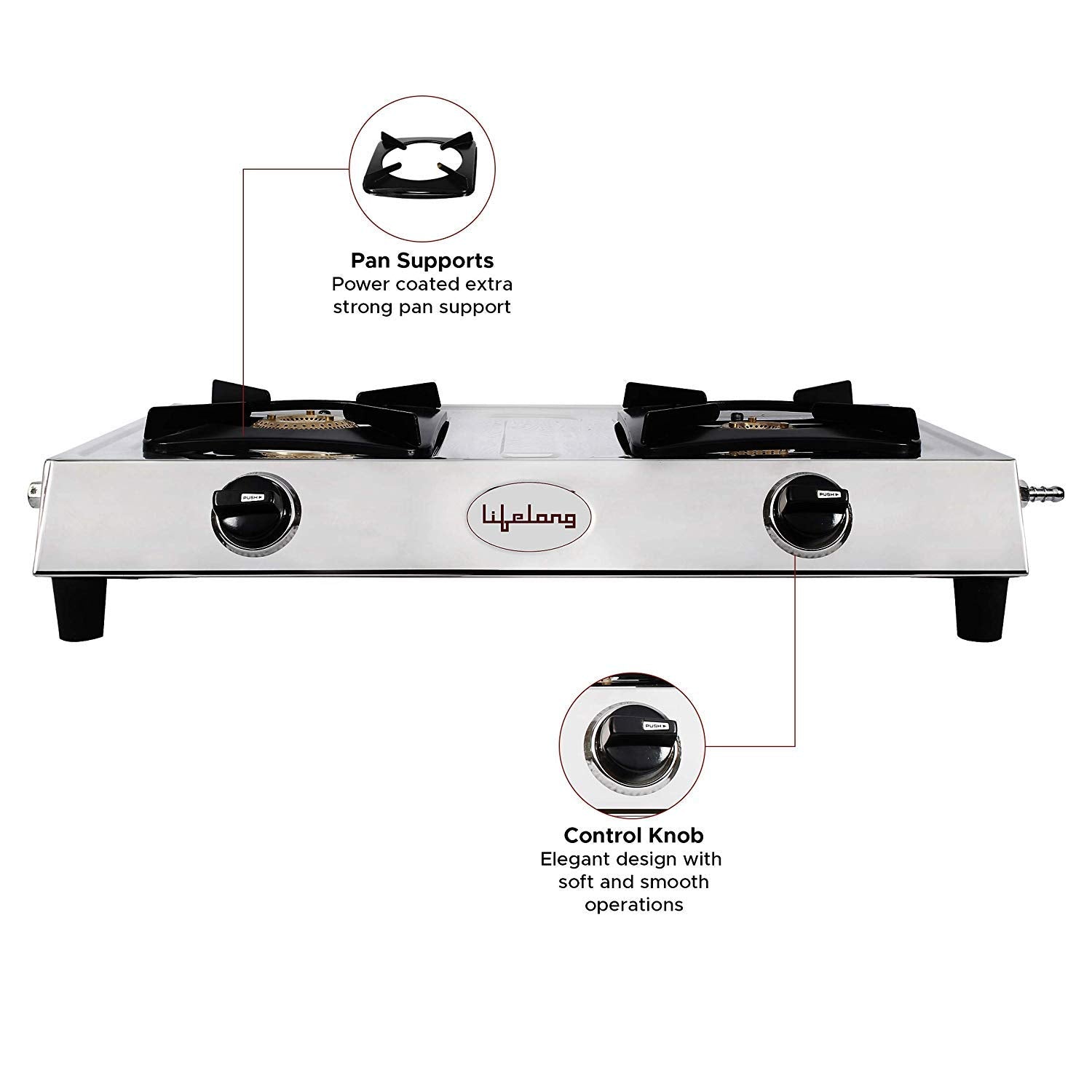 Lifelong Stainless Steel Gas Stove with 2 Burner, ISI Certified, Manual Ignition