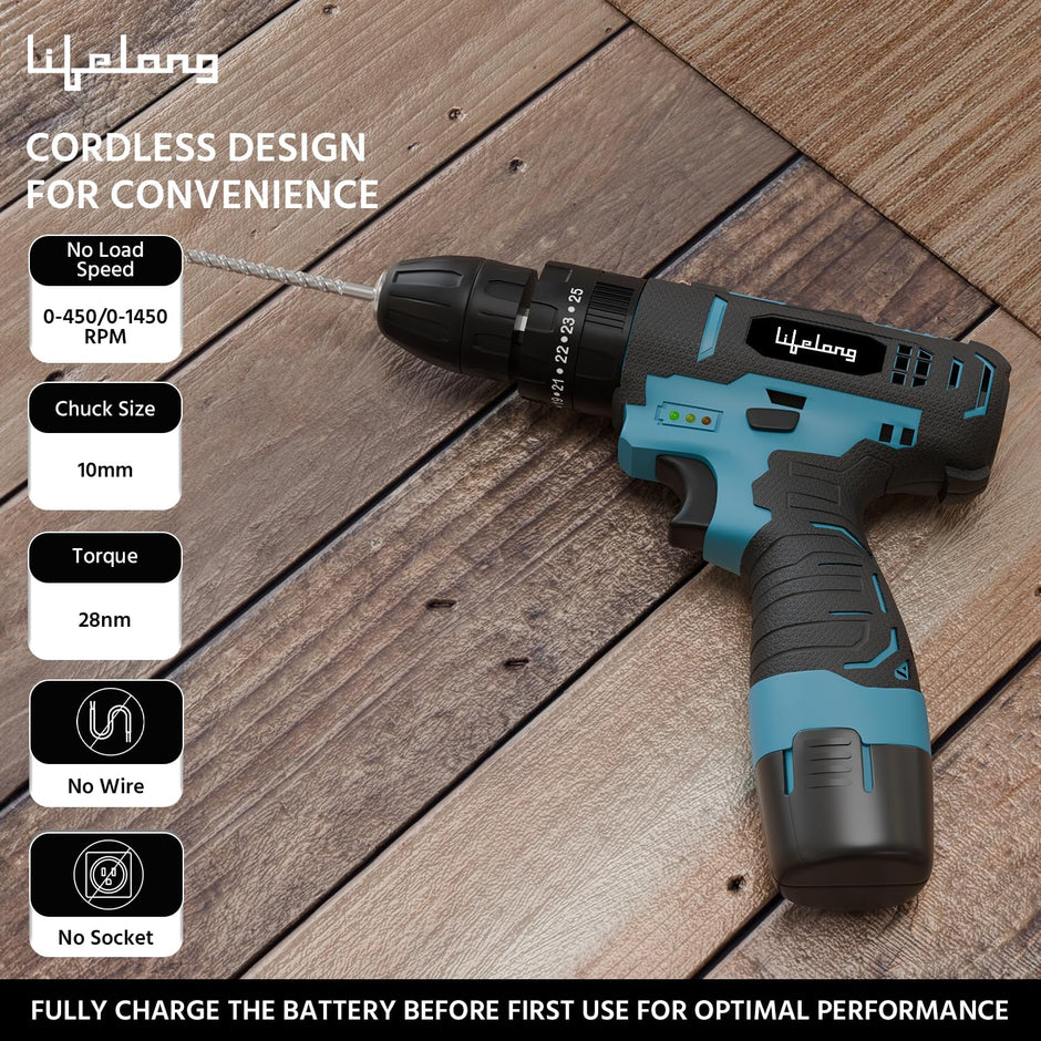 Lifelong Cordless Drill Machine for Home & DIY Use | Drill Driver | 12V Battery | 1450 RPM | | 25 accessories | Free Screw Set | Cordless Screwdriver | Drill Machine for home |Multiple torque setting