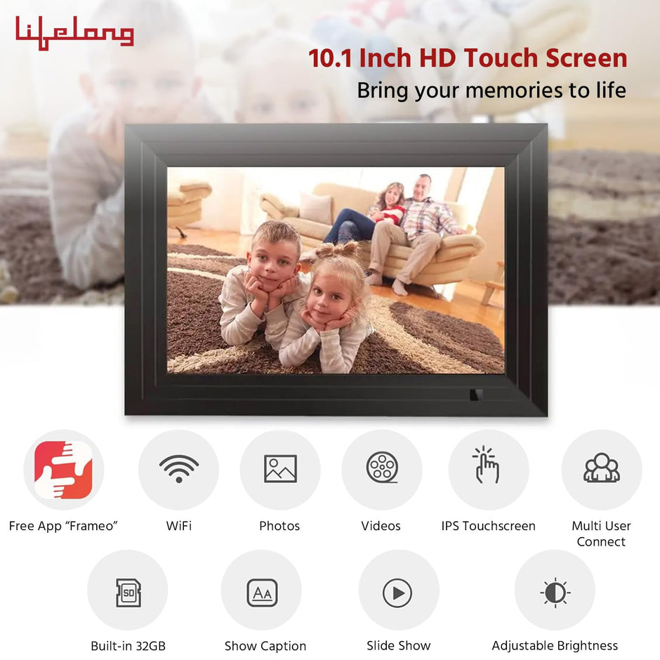 Lifelong Electronics 10.1 Inch (25.65 CM) Digital Photo Frame with Slideshow, Video & Sound – IPS HD Auto-Rotate Touch Screen, Wi-Fi & 32GB Memory - Desktop/Wall Mounted - Share Files with Frameo App