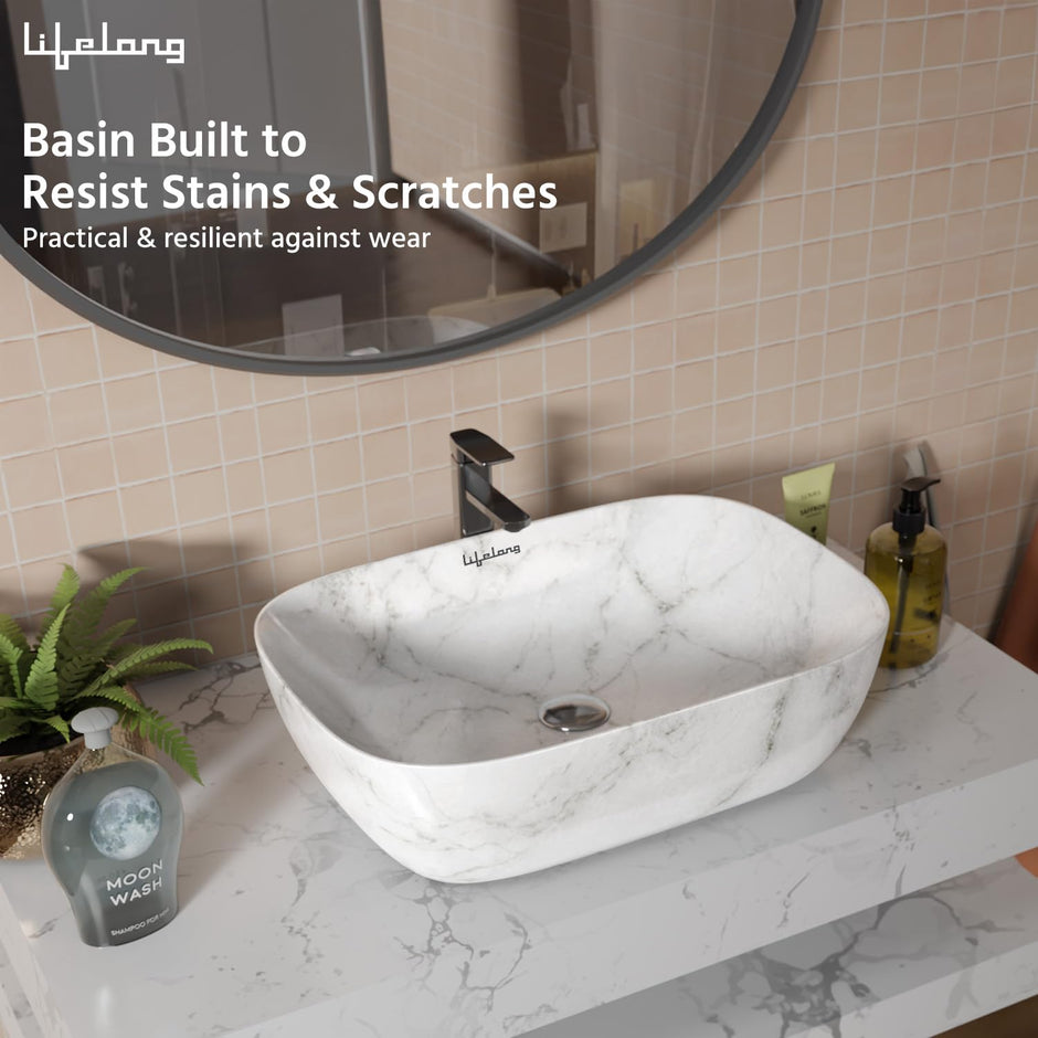 Lifelong Wash Basin for Bathroom - Tabletop Washbasin - Ceramic Glossy Round Countertop Vessel Sink Ideal for Bathroom, Dining Hall & Vanity 33x46x16 cm (White and Grey, LLHIBM06)