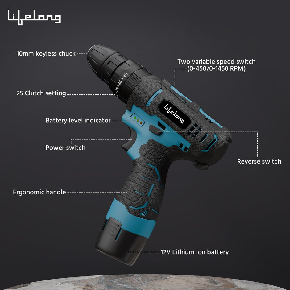 Lifelong Cordless Drill Machine for Home & DIY Use | Drill Driver | 12V Battery | 1450 RPM | | 25 accessories | Free Screw Set | Cordless Screwdriver | Drill Machine for home |Multiple torque setting
