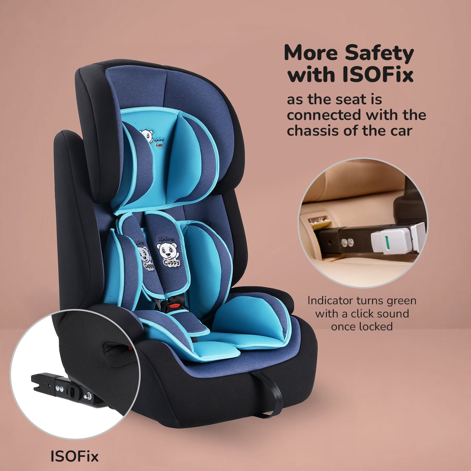 Lifelong Cuppy Baby Car Seat with Isofix of 0 to 12 Years Age Safety Certified Growing Car Seat for Kids (Blue grey)