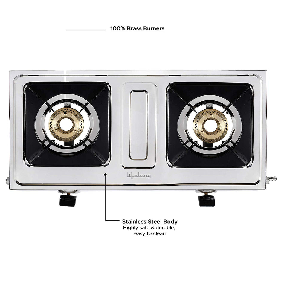 Lifelong Stainless Steel Gas Stove with 2 Burner, ISI Certified, Manual Ignition