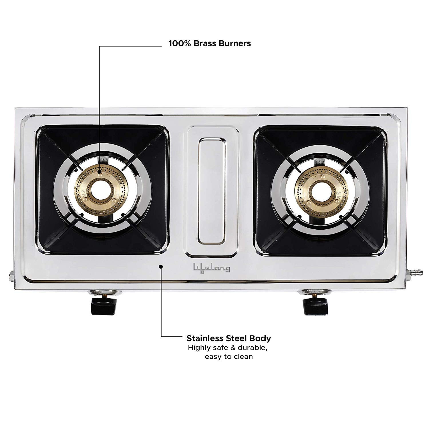Lifelong Stainless Steel Gas Stove with 2 Burner, ISI Certified, Manual Ignition