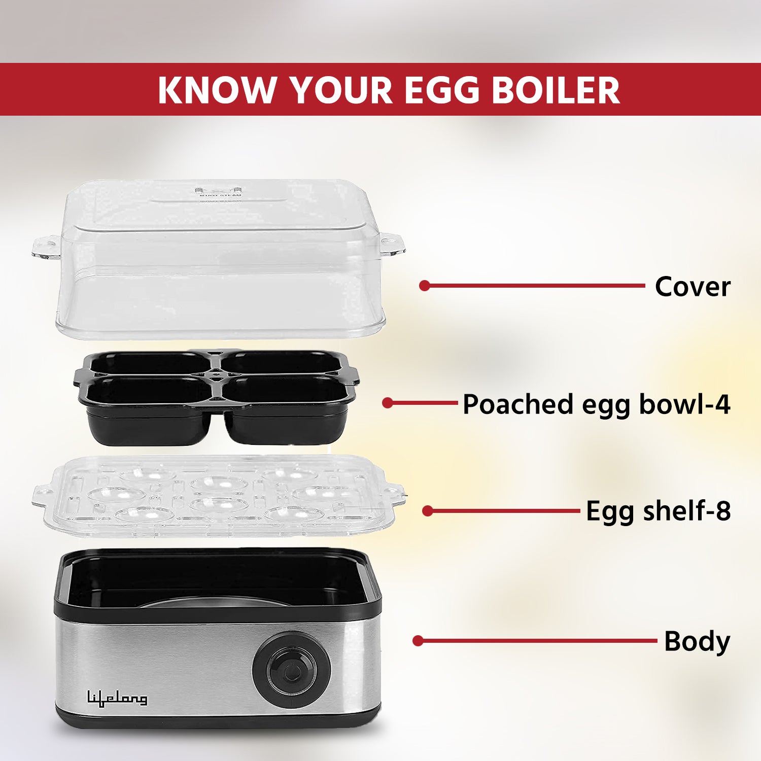 Lifelong Electric Egg Boiler | 8 Eggs | 3 Modes | Auto Off | Poacher & Steamer Tray