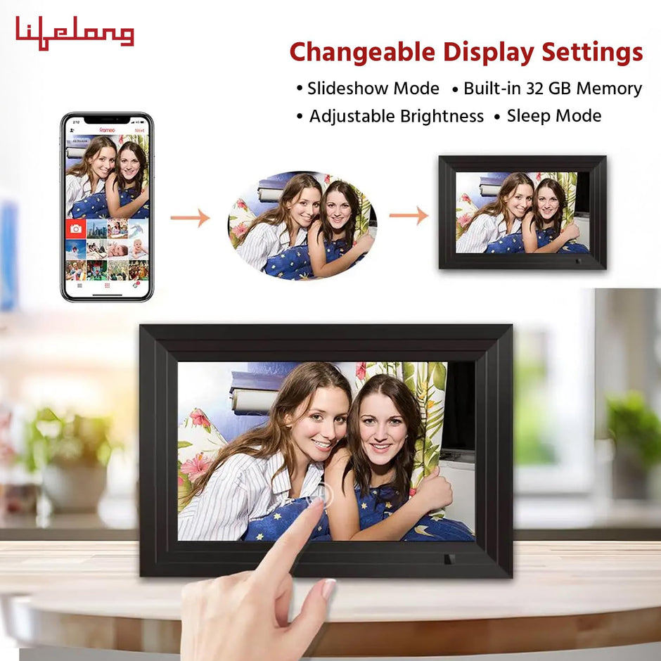 Lifelong Electronics 10.1 Inch (25.65 CM) Digital Photo Frame with Slideshow, Video & Sound – IPS HD Auto-Rotate Touch Screen, Wi-Fi & 32GB Memory - Desktop/Wall Mounted - Share Files with Frameo App