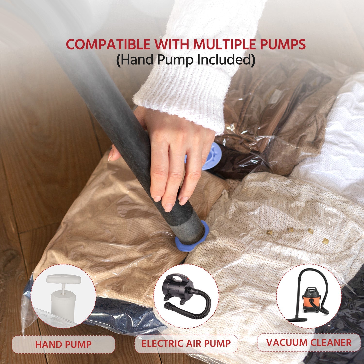 Lifelong Pack of 5 Vacuum Storage Bags with Pump - Reusable Space Saver for Clothes