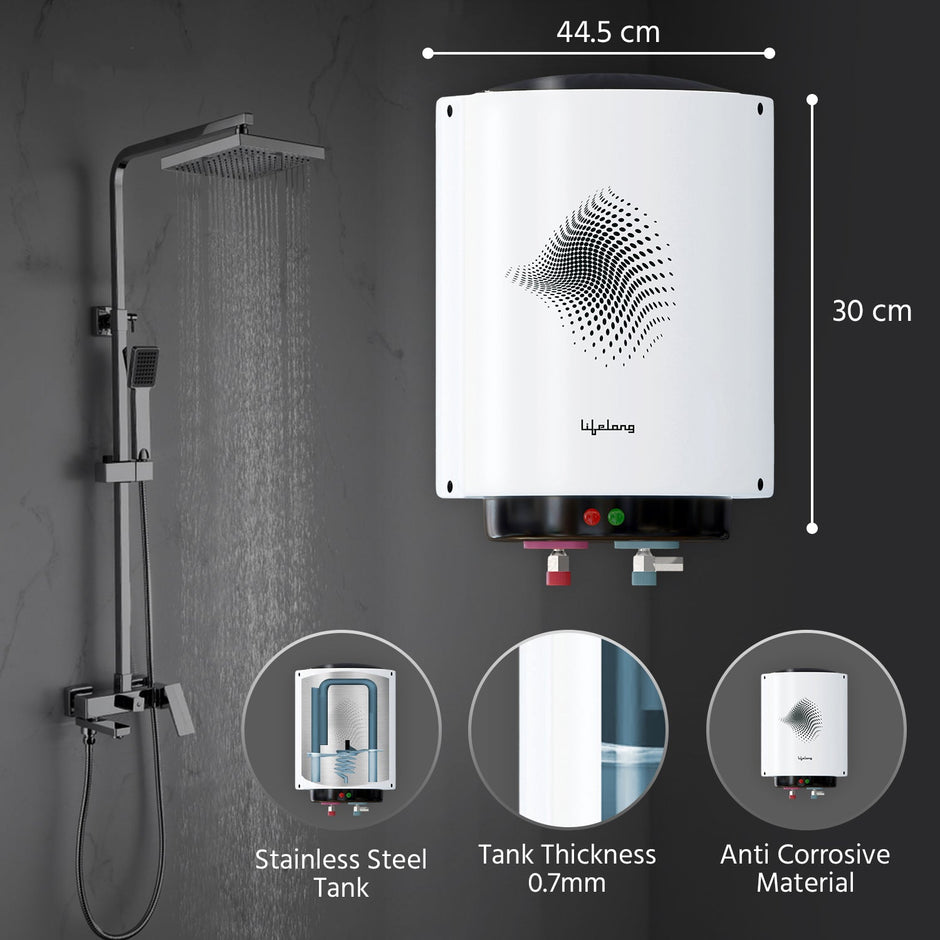 Lifelong Water Heater for Home - Water Geyser 10 ltr with 3 Star BEE Rating - 2000W Electric Geyser for Bathroom with Metal Body & Tank -Vertical Wall Mount Hot Water 10 Litre Storage Geyser