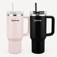 Lifelong Double-Walled Vacuum Insulated Tumblers 1200ml | Set of 2 | Unbreakable Tritan Lids, Stainless Steel Straws & Straw Cleaner | Hot 8 Hrs Cold 12 Hrs | Durable Steel with Handle (LLTBRCB1)