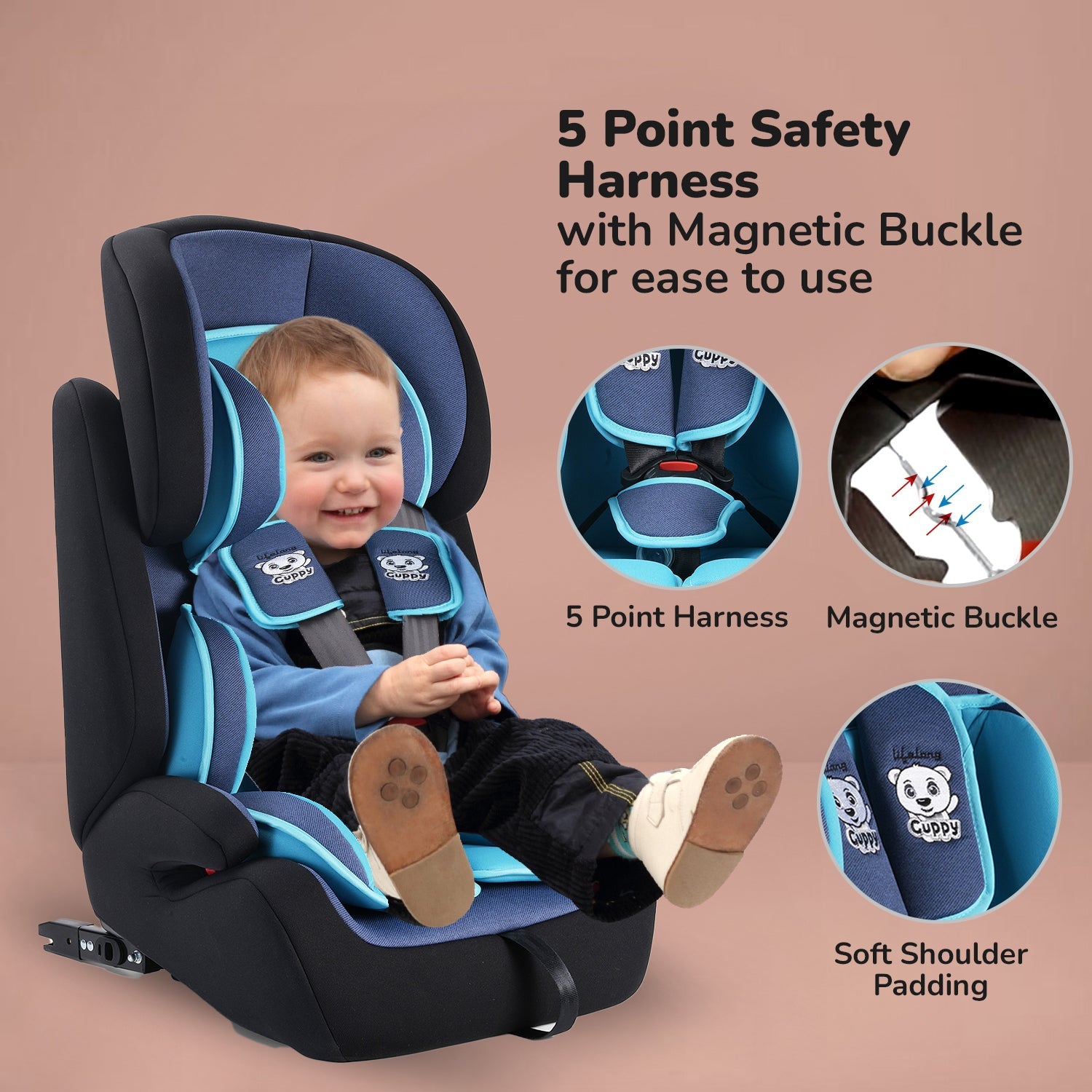 Lifelong Cuppy Baby Car Seat with Isofix of 0 to 12 Years Age Safety Certified Growing Car Seat for Kids (Blue grey)