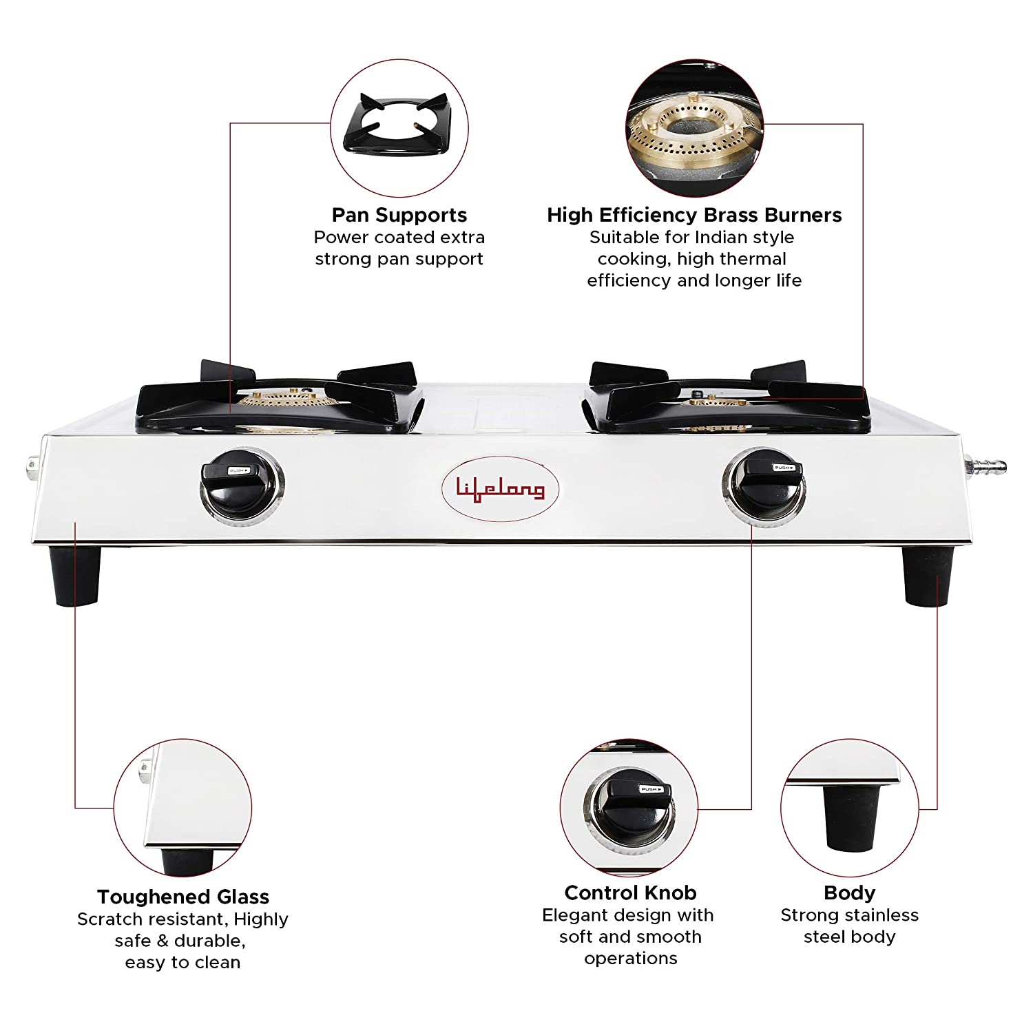 Lifelong Stainless Steel Gas Stove with 2 Burner, ISI Certified, Manual Ignition
