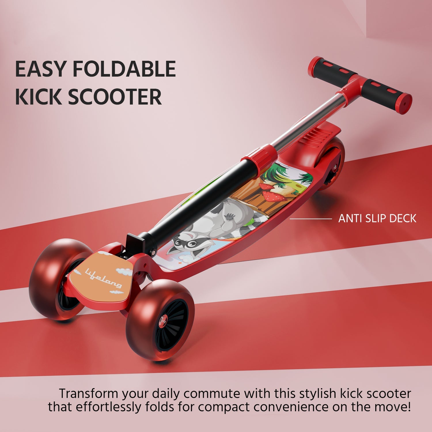 Lifelong Kids Kick Scooter Foldable with Adjustable Height & PVC Wheels, Red/Black