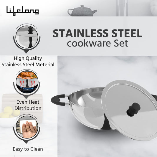Lifelong 3 pc Cookware | 2 Litre Stainless Steel Kadhai with SS Lid 23 CM