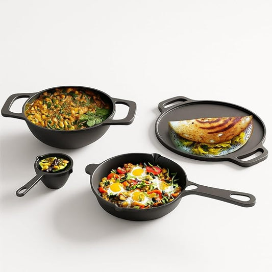 Lifelong Cast Iron Cookware Combo Set – 4-Piece Pre-Seasoned Tawa (30cm), Kadhai (24cm), Fry Pan (20cm) & Tadka Pan, Naturally Non-Stick, Gas & Induction Compatible (Black)