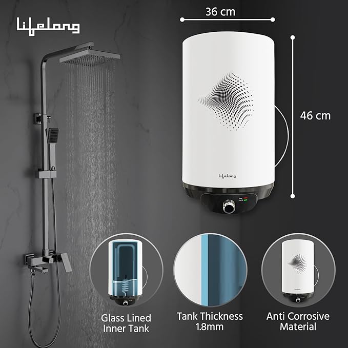 Lifelong 15L Water Heater (LLSWH115) – 5 Star BEE Rated, 2000W Glass-Lined Electric Geyser for Bathroom, Wall Mount Storage