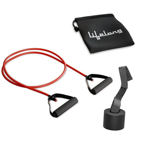 Lifelong Resistance Tube – 10KG Light Resistance, Foam Grip Exercise Band with Door Anchor (Red)