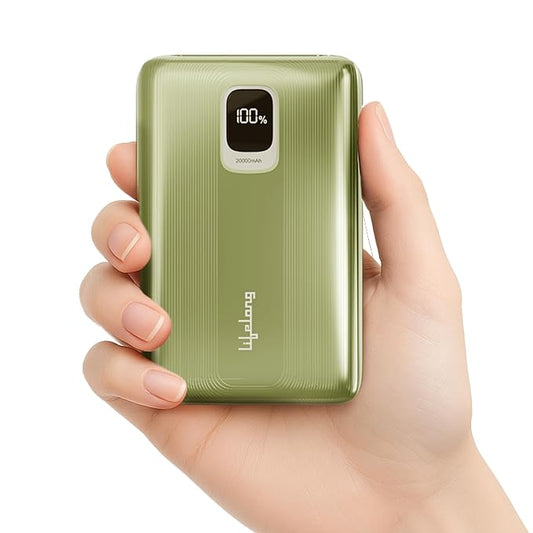 Lifelong 20000mAh Power Bank – 22.5W PD Fast Charging with Digital Display, Type-C Input, 3 Output Ports & Quick Charge 3.0 (Green, Cable Included)