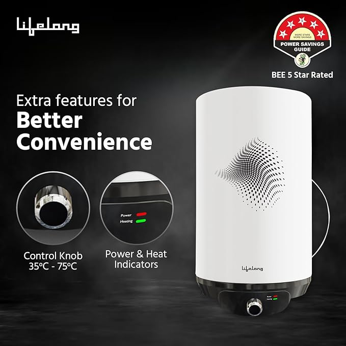Lifelong 15L Water Heater (LLSWH115) – 5 Star BEE Rated, 2000W Glass-Lined Electric Geyser for Bathroom, Wall Mount Storage
