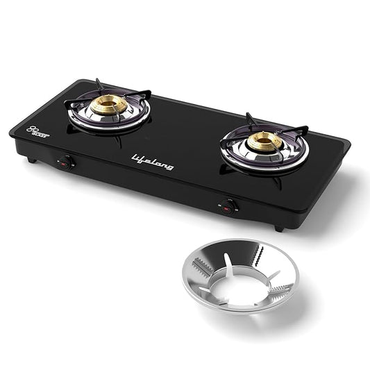 Lifelong 2 Burner Gas Stove with Free Gas Saver – ISI Certified Manual Ignition Glass Top Cooktop, LPG Compatible, Modern Kitchen Design (1 Year Warranty)