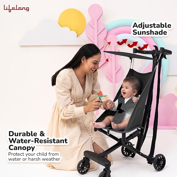 Lifelong Cuppy Baby Stroller | Lightweight Foldable Travel Pram for Kids | Cabin-Friendly with 5-Point Safety Harness, Adjustable Canopy & Storage Basket (20kg Capacity)