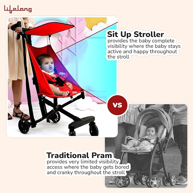 Lifelong Cuppy Baby Stroller | Lightweight Foldable Travel Pram for Kids | 5-Point Safety Harness, Adjustable Canopy & Storage Basket (20kg Capacity)