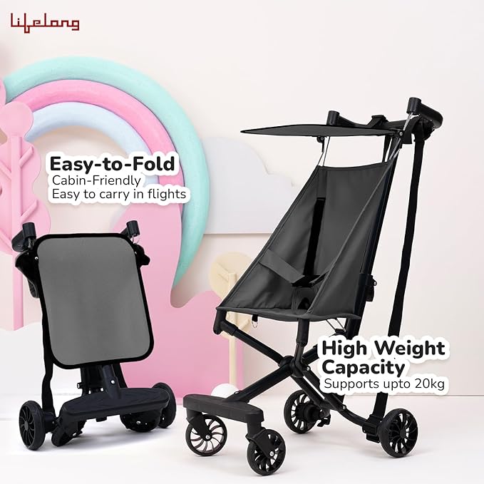 Lifelong Cuppy Baby Stroller | Lightweight Foldable Travel Pram for Kids | Cabin-Friendly with 5-Point Safety Harness, Adjustable Canopy & Storage Basket (20kg Capacity)