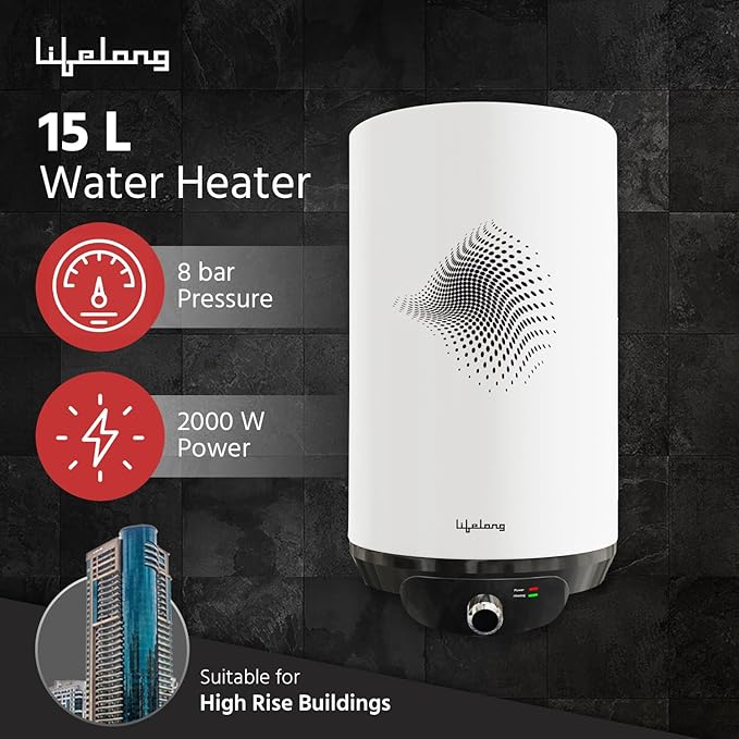 Lifelong 15L Water Heater (LLSWH115) – 5 Star BEE Rated, 2000W Glass-Lined Electric Geyser for Bathroom, Wall Mount Storage