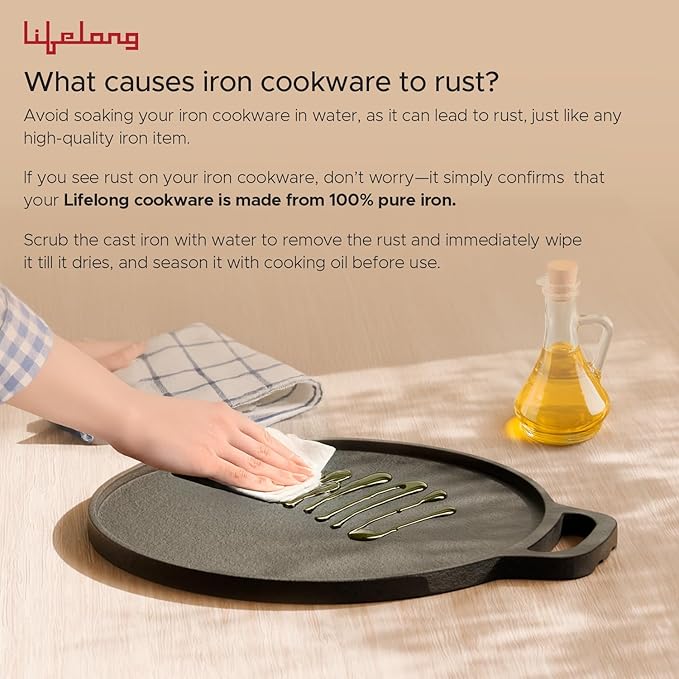 Lifelong 26cm Cast Iron Dosa Pan – Pre-Seasoned, Non-Toxic, Induction Friendly