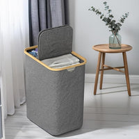 Dual-Compartment Foldable Laundry Basket with Lid and Bamboo Frame