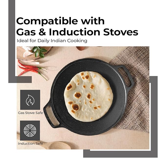 Lifelong 26cm Cast Iron Dosa Pan – Pre-Seasoned, Non-Toxic, Induction Friendly