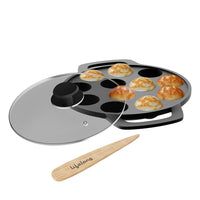 Cast Iron Paniyaram Pan with Glass Lid and Wooden Spatula
