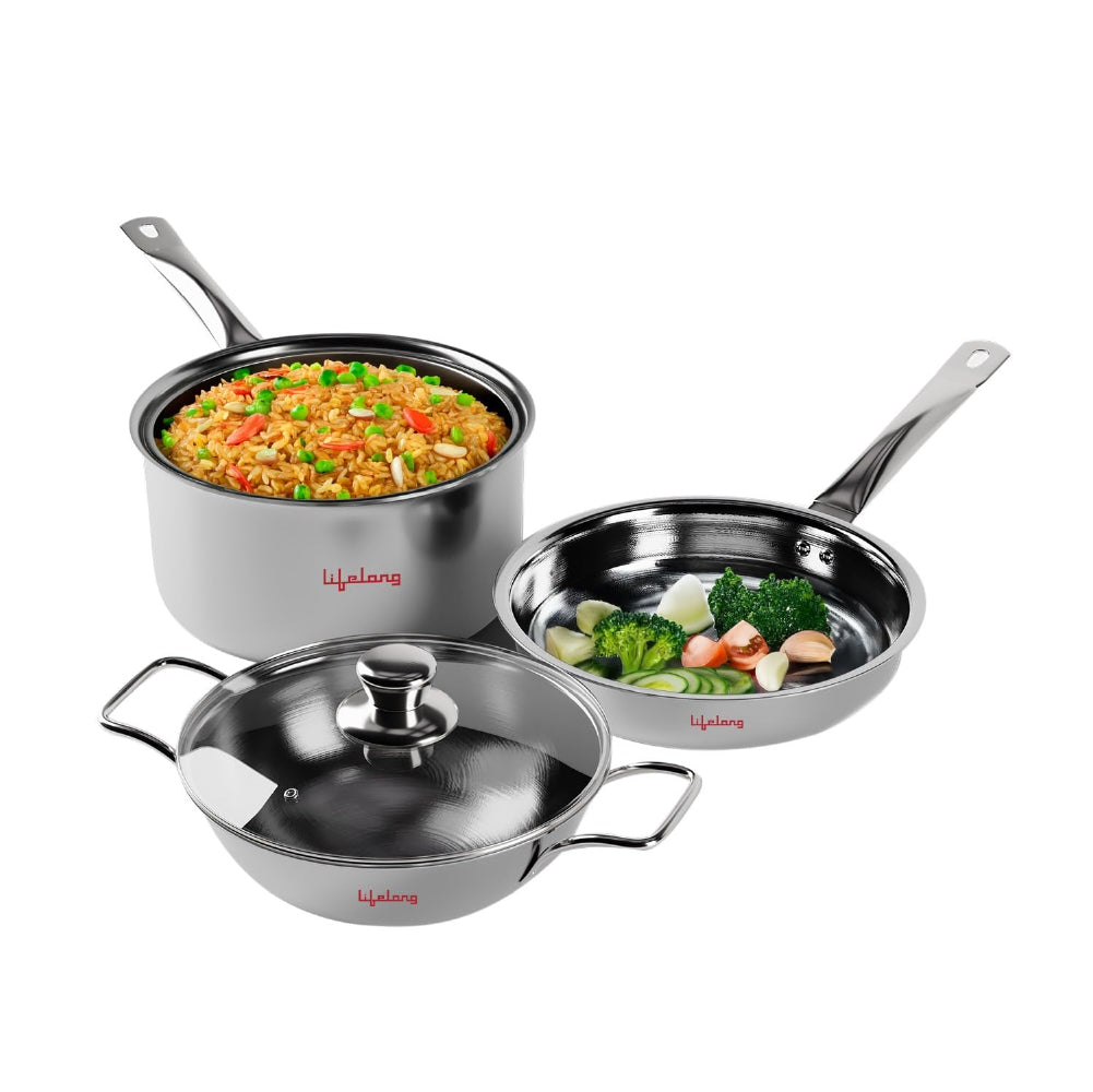 Triply Kadai, Frypan & Saucepan for Cooking | Stainless Steel 22 cm Kadai & Fry Pan with Glass Lid | 14 cm Sauce Pan
