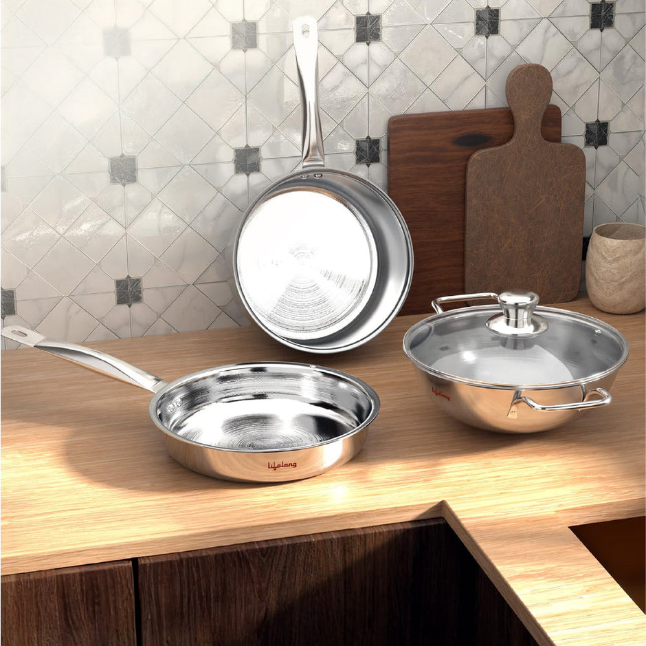Triply Kadai, Frypan & Saucepan for Cooking | Stainless Steel 22 cm Kadai & Fry Pan with Glass Lid | 14 cm Sauce Pan