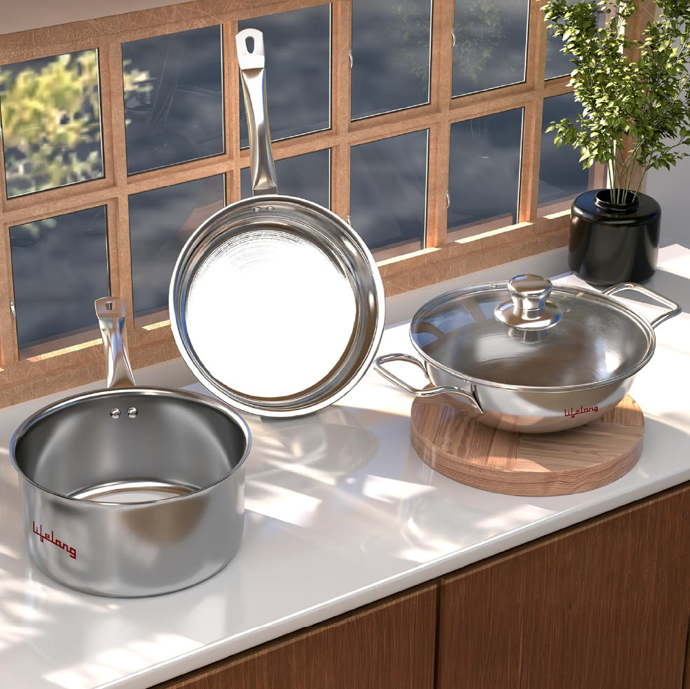 Triply Kadai, Frypan & Saucepan for Cooking | Stainless Steel 22 cm Kadai & Fry Pan with Glass Lid | 14 cm Sauce Pan