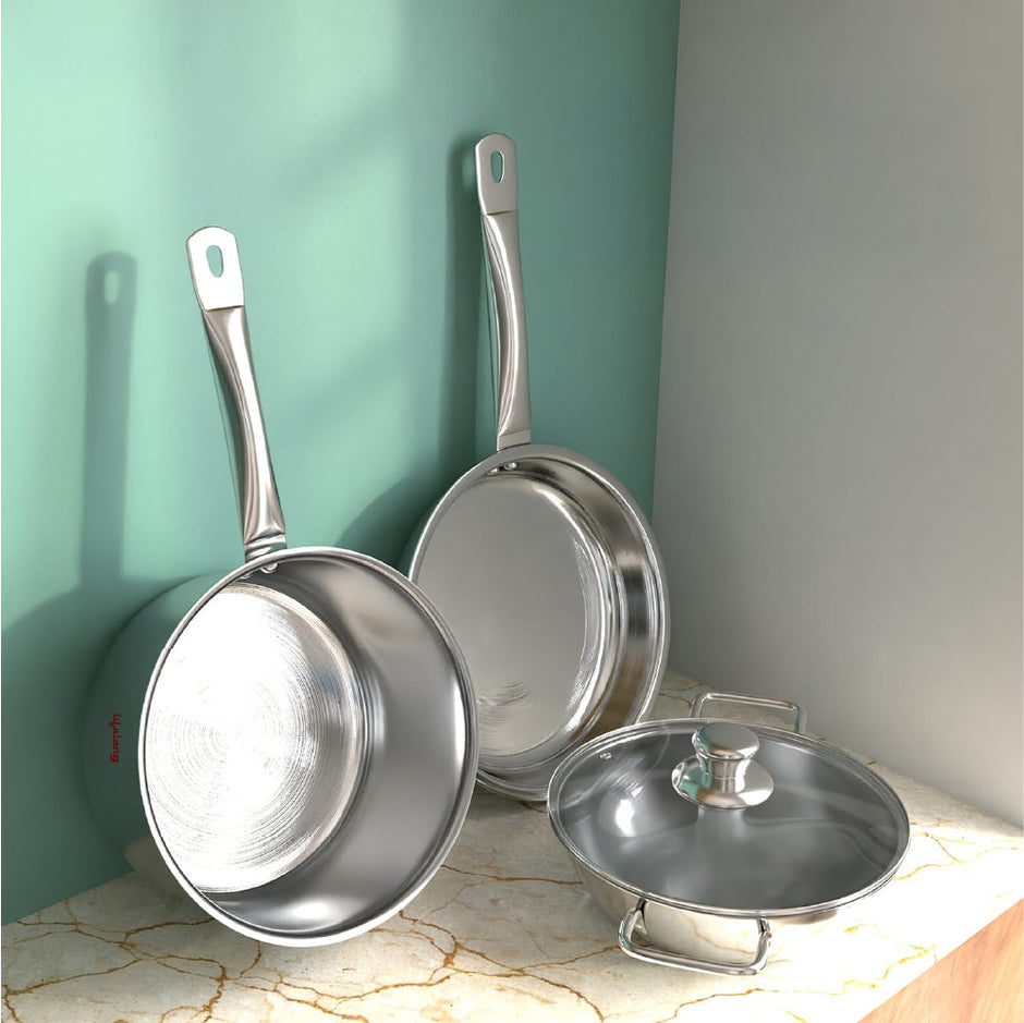 Triply Kadai, Frypan & Saucepan for Cooking | Stainless Steel 22 cm Kadai & Fry Pan with Glass Lid | 14 cm Sauce Pan