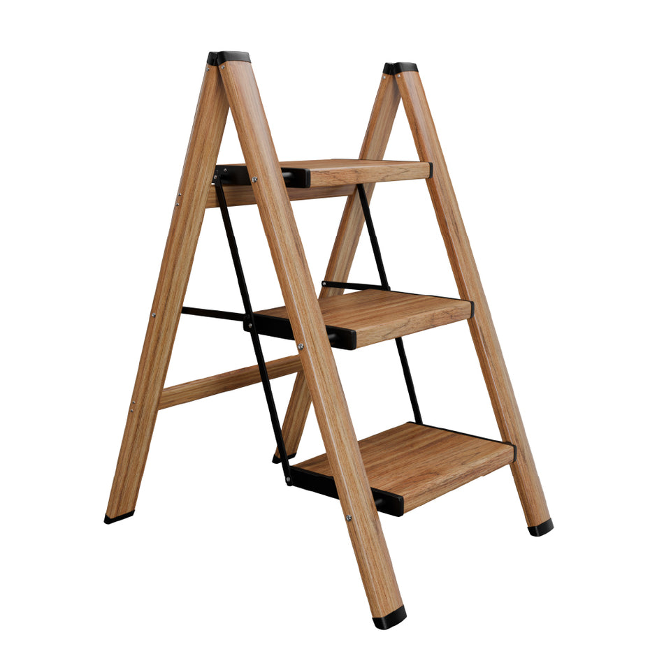 Lifelong 3 Step Foldable Ladder for Home – Wooden Finish, 150kg Load, Portable & Sturdy