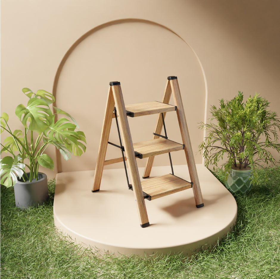 Lifelong 3 Step Foldable Ladder for Home – Wooden Finish, 150kg Load, Portable & Sturdy