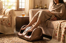Woman enjoying foot massage at home with electric foot massager