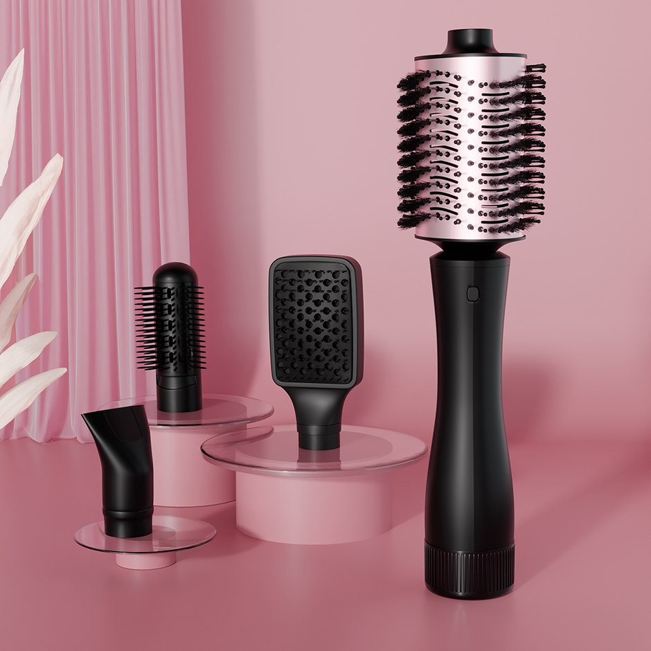 Blow Dry Brush | 1 Year Warranty | Hot Air Brush, 1200 Watts, 4 in 1 Hair Styling Brush, Attachments For Blow Dryer, Straightening Comb, Curler & Hot Air Brush (Rose Gold)