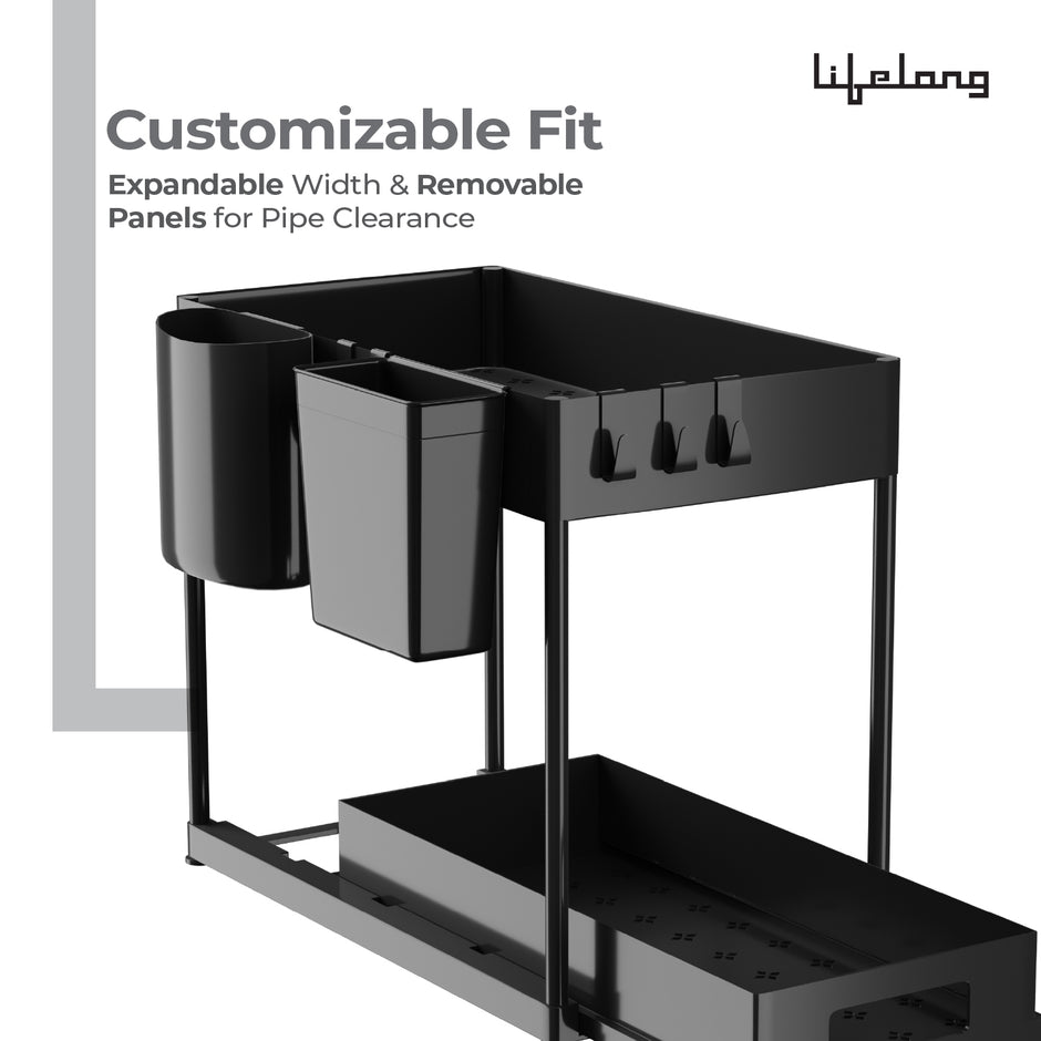 Lifelong 2-Tier Under Sink Storage Organizer (Pack of 2) | Pull Out Cabinet | Drawers for Kitchen Cabinets | Sliding Rack with Panels & Hooks | Multipurpose Organiser for Kitchen or Bathroom