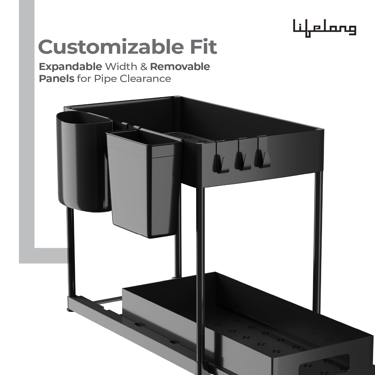 Lifelong 2-Tier Under Sink Storage Organizer (Pack of 2) | Pull Out Cabinet | Drawers for Kitchen Cabinets | Sliding Rack with Panels & Hooks | Multipurpose Organiser for Kitchen or Bathroom