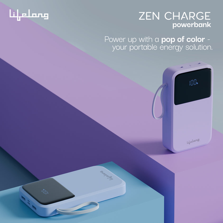 Lifelong Electronics 20000mAh 22.5W Fast Charging Power Bank | 3 Inputs (1 Built-in USB A Cable + 1 C + 1 Lightning Port) & 6 Outputs (3 Built-in Cables + 1 C + 2 A Port) | Small Pocket Size Powerbank