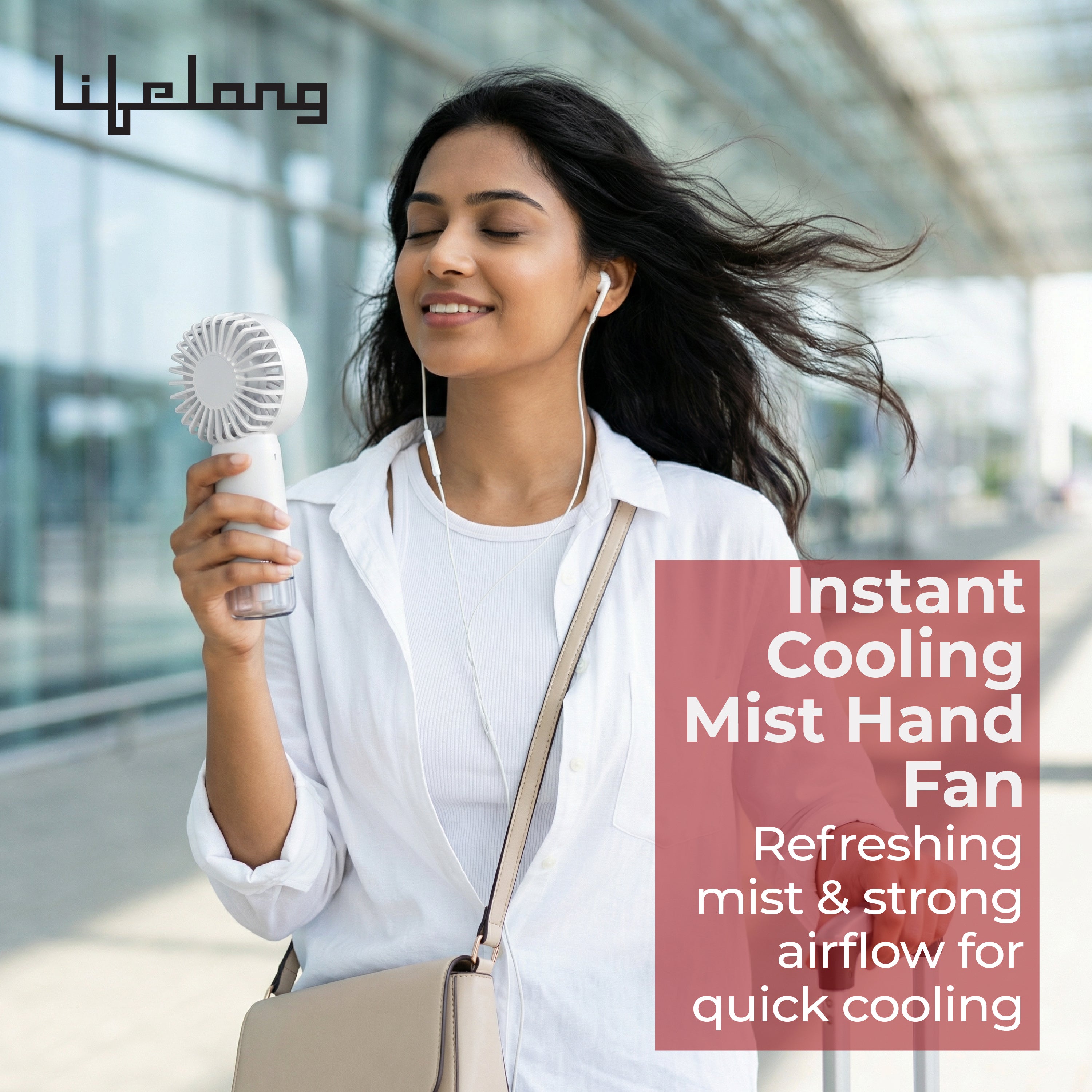 Lifelong Portable Mist Hand Fan with USB Type-C Charging | Mini Rechargeable Fan with Water Mist | 4400 RPM High Speed | Compact Handheld Cooling Fan for Travel & Outdoor (White)