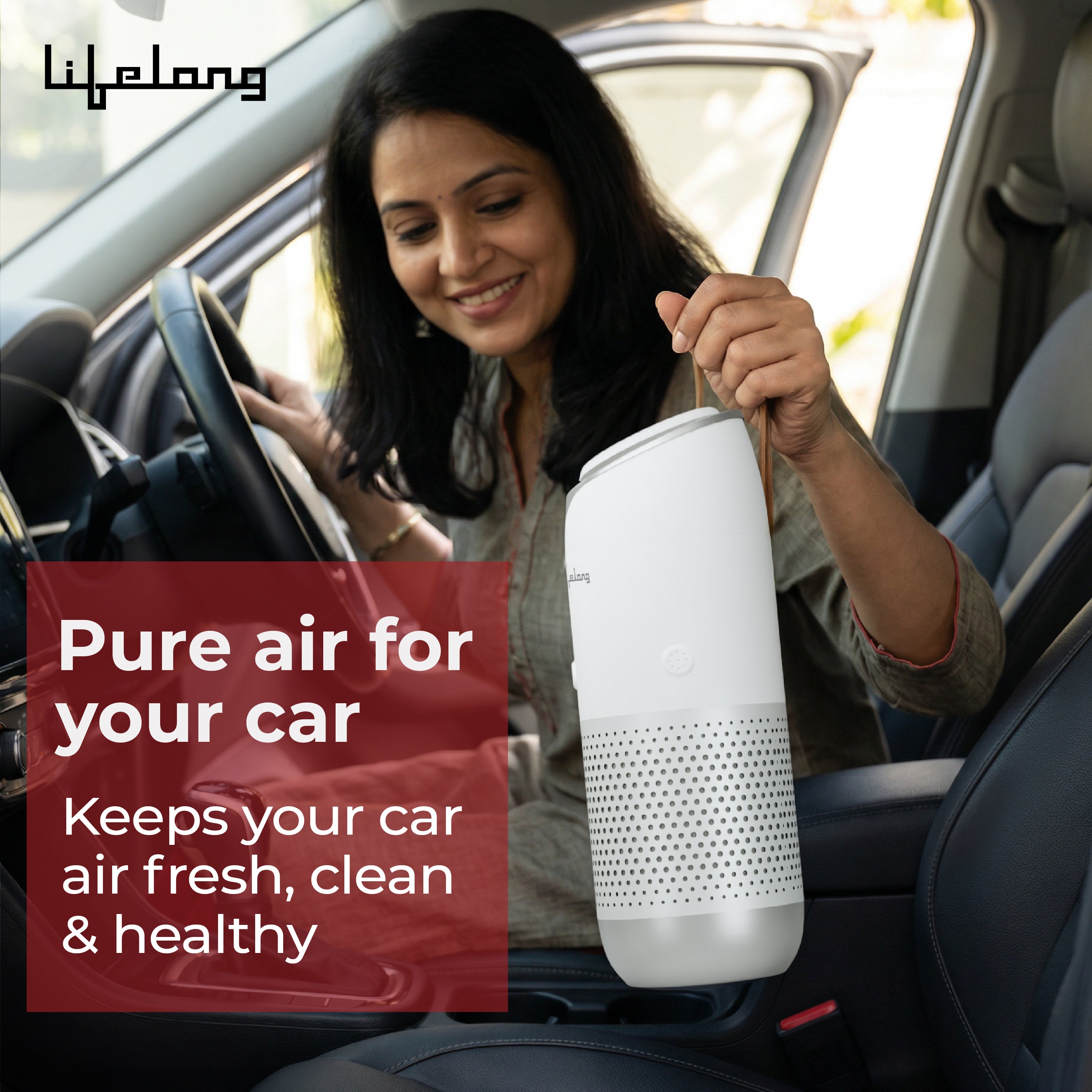 Lifelong Car Air Purifier with HEPA 13 & Carbon Filter | Portable Auto Air Cleaner | 3 Speed, Low Noise, LED Light (White)